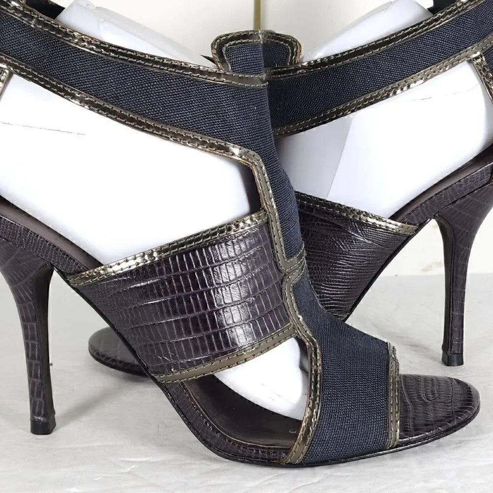 Tory Burch Women's US 10M Blue Canvas Leather Animal Print Cut-Out Heeled Sandal